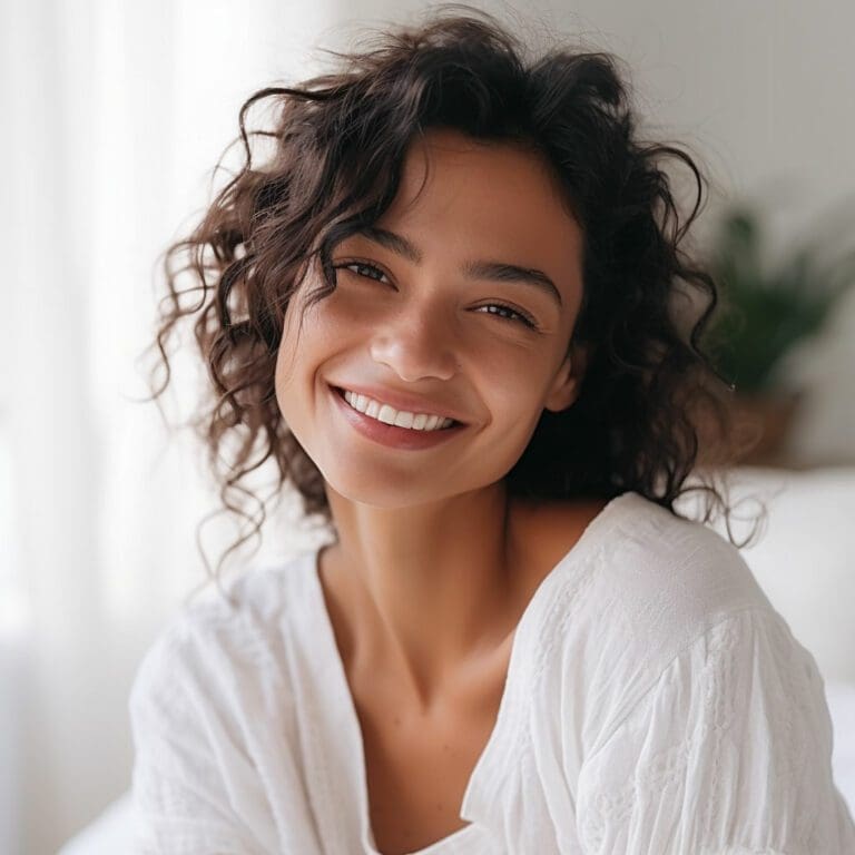 Edgemont A joyful young woman with curly hair and a bright smile, wearing a white blouse, sits in a softly lit room. North Vancouver