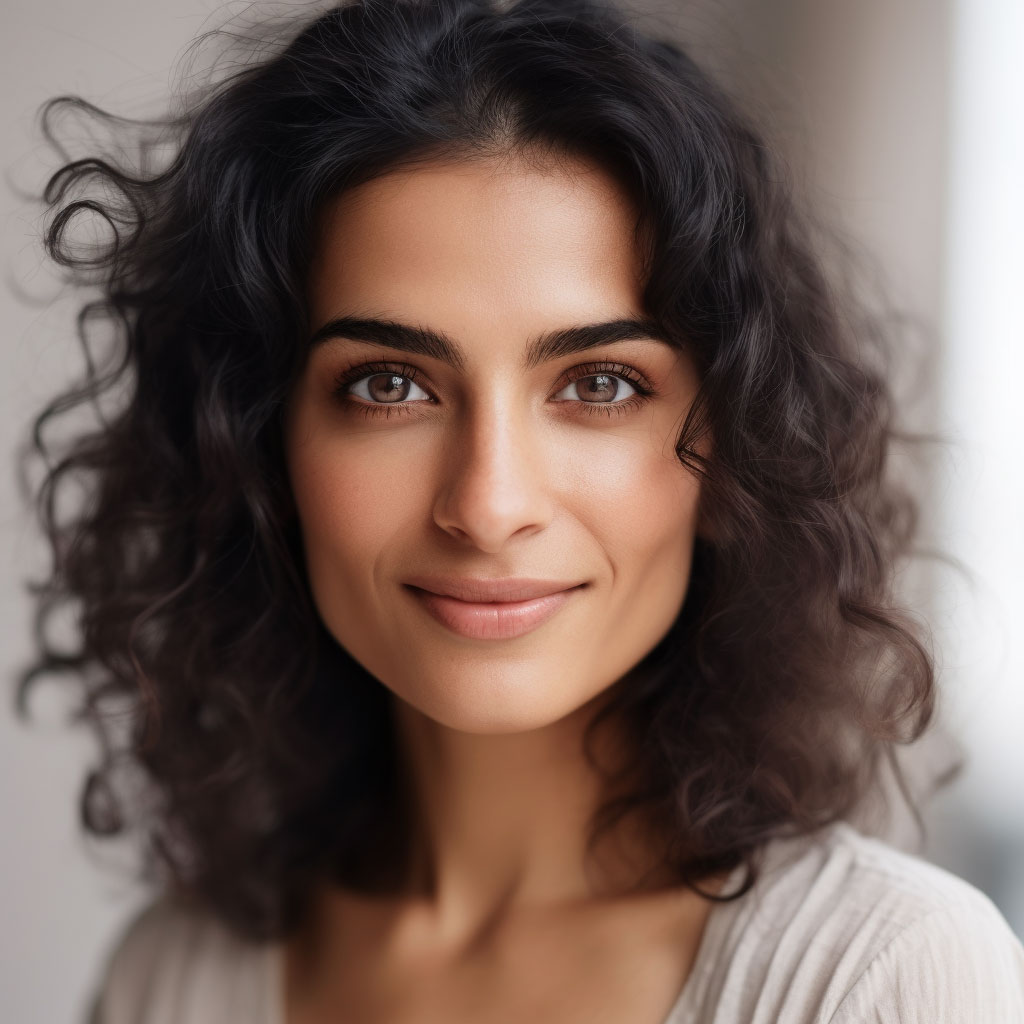 Edgemont Close-up portrait of a smiling woman with curly hair and brown eyes, looking at the camera against a soft-focus light background. North Vancouver