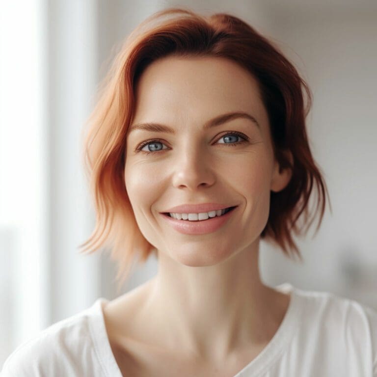 Edgemont Portrait of a smiling woman with short red hair and blue eyes, wearing a white top, in a softly lit indoor setting. North Vancouver