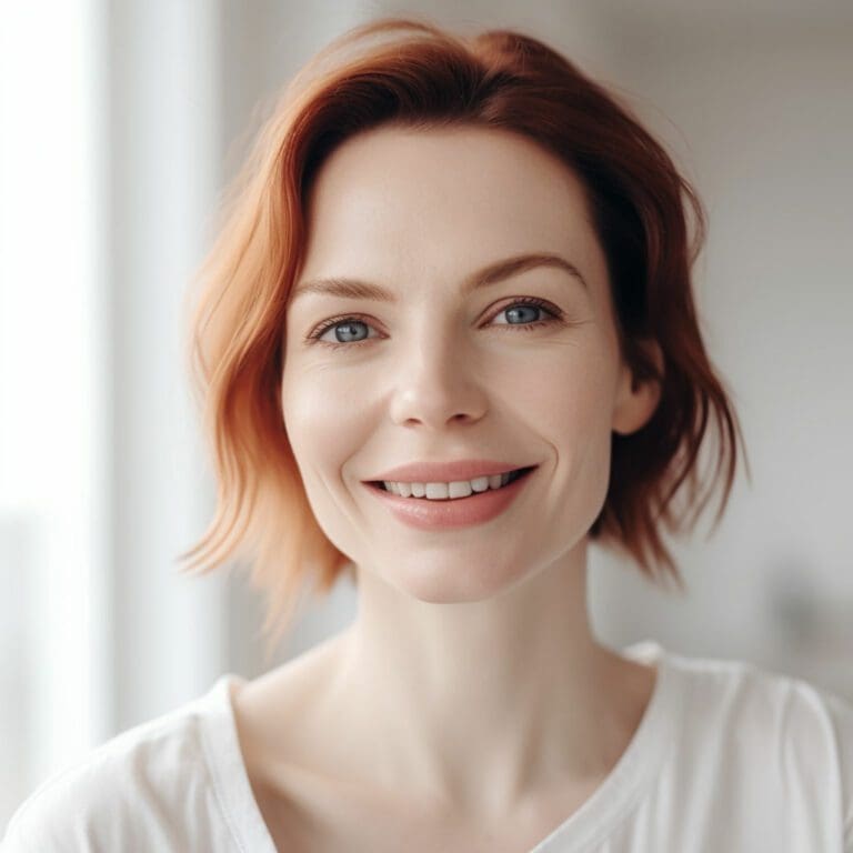 Edgemont Portrait of a smiling woman with short red hair and blue eyes, wearing a white t-shirt, standing indoors with a soft-focus background. North Vancouver